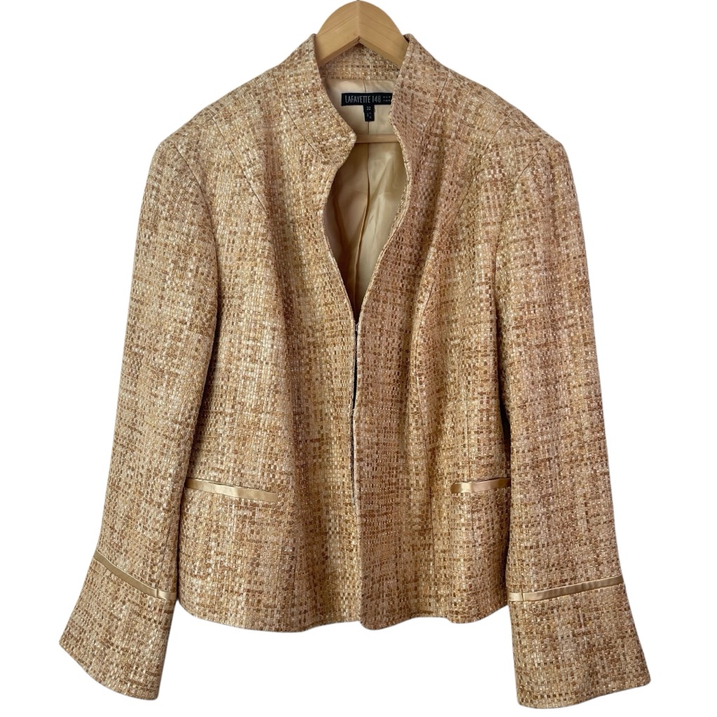 Lafayette 148 New York Metallic Tan Gold Bow Cuff Tweed Blazer Jacket Size 22
